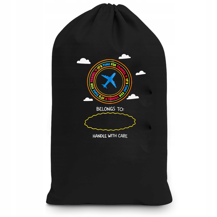 Husa de protectie pentru carucior, PIXEL, 123x63x43cm, neagra cu imprimeu colorat "IT'S TIME FOR TRAVEL", pentru transport in avion si masina