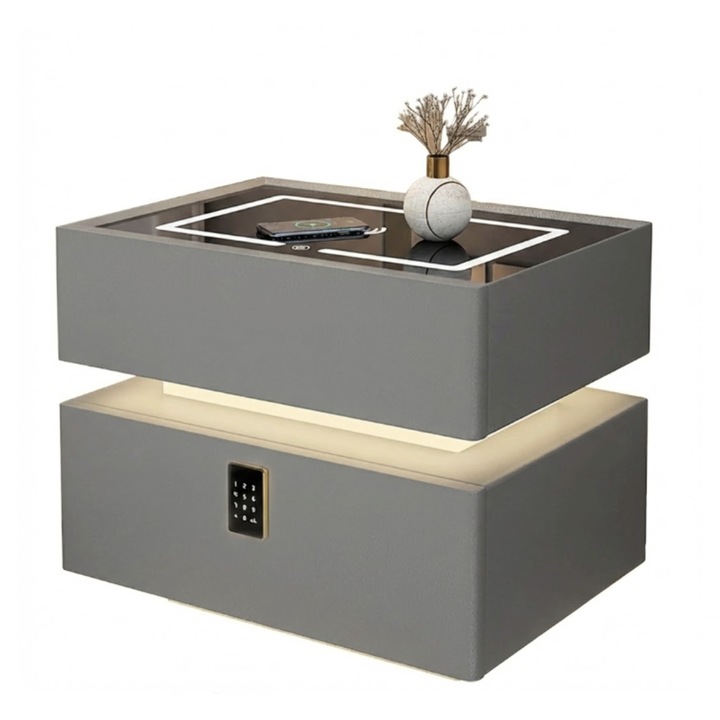 Смарт нощно шкафче с чекмедже, сейф с пръстов отпечатък, парола и безжично зареждане, сив