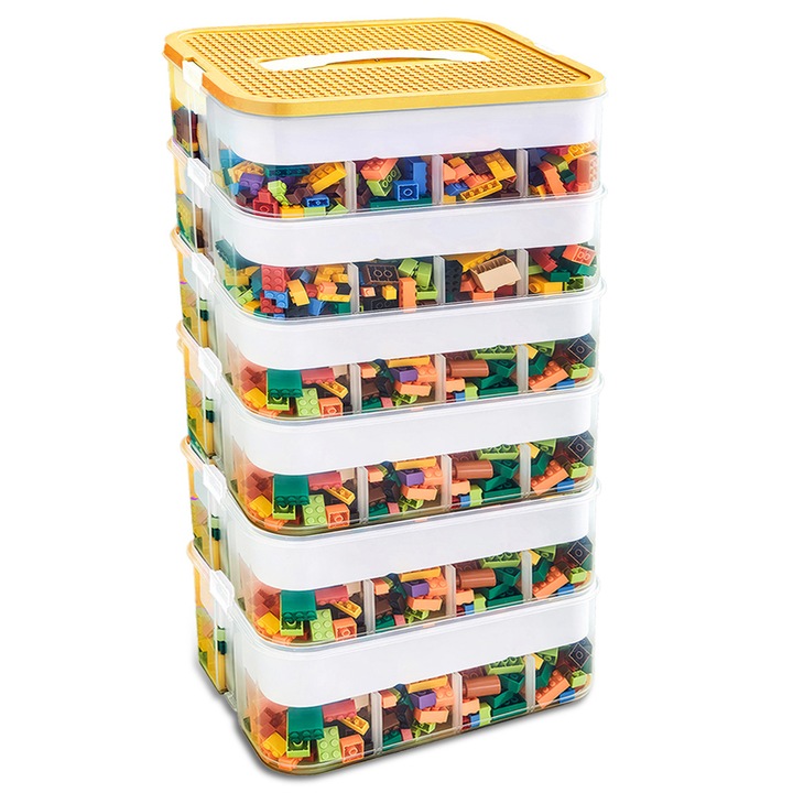 Organizer LEGO 6 niveluri cu compartimente, PIXEL, 43L, transparent cu capac galben, 64x30x22,5cm