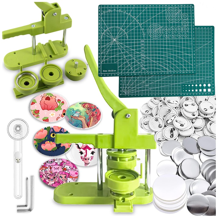 Masina de facut insigna, PIXEL, set complet 100 insigni 32 mm, usor de utilizat, compact, ABS