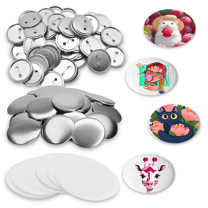 Set componente butoane metalice 32mm, Pixel, 100 buc, argintiu, DIY