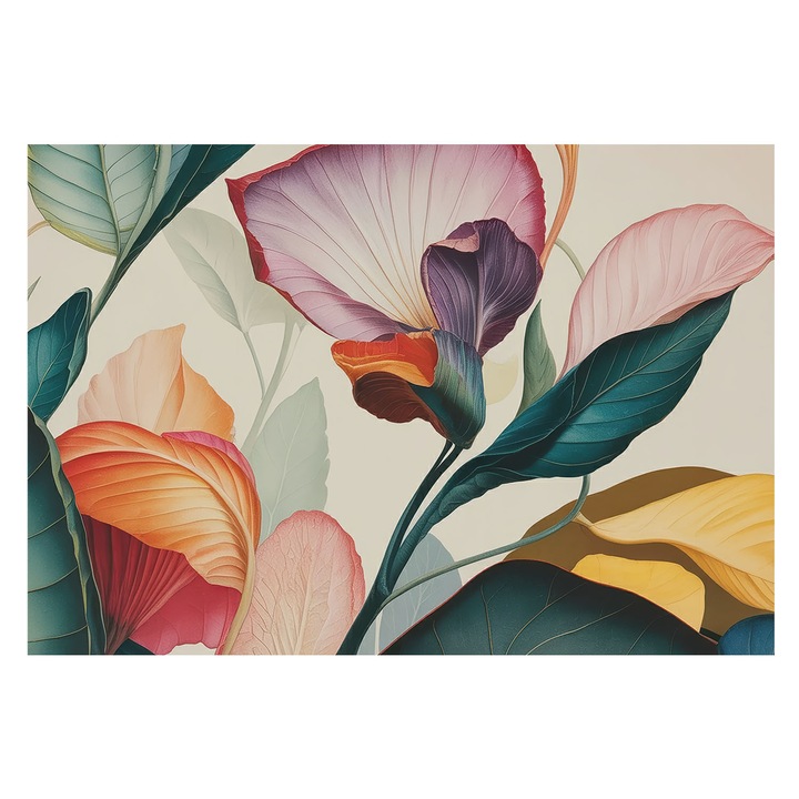 Tapéta Vlies Fali Dekoráció, Tulup, Színes virágok, Zöld, 152 x 104 cm, Nem Szőtt, Előszobába, Nappaliba, 010100060030000285106