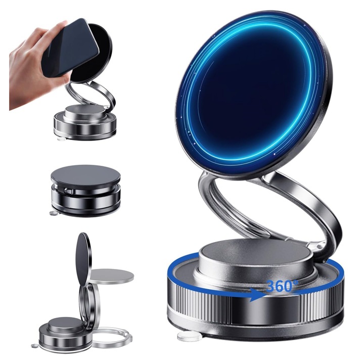 Suport Auto Universal pentru Telefon Zetta Innovation, Prindere Magnetica MagSafe 3-in-1 - Fixare Puternica pe Bord, Parbriz sau Navigatie, Brat Telescopic, Rotire 360°, Inel Magnetic Inclus, Compatibilitate Universala iPhone si Android