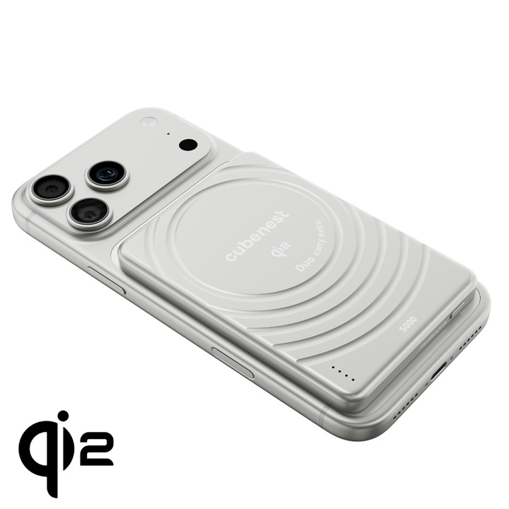 Cubenest Qi2 Baterie externă magnetică wireless argintie SlimDual 5000 mAh SQ1B3D
