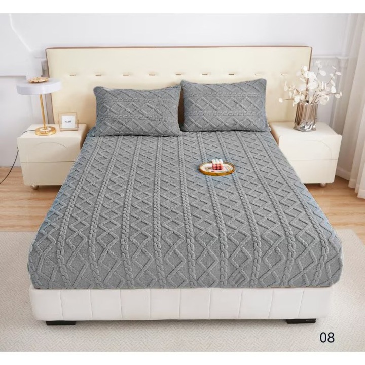 Set cearceaf de pat cu elastic si doua fete de perna, culoare silver gray, pentru pat dublu 180x200, din tesatura Cocolino - LC03