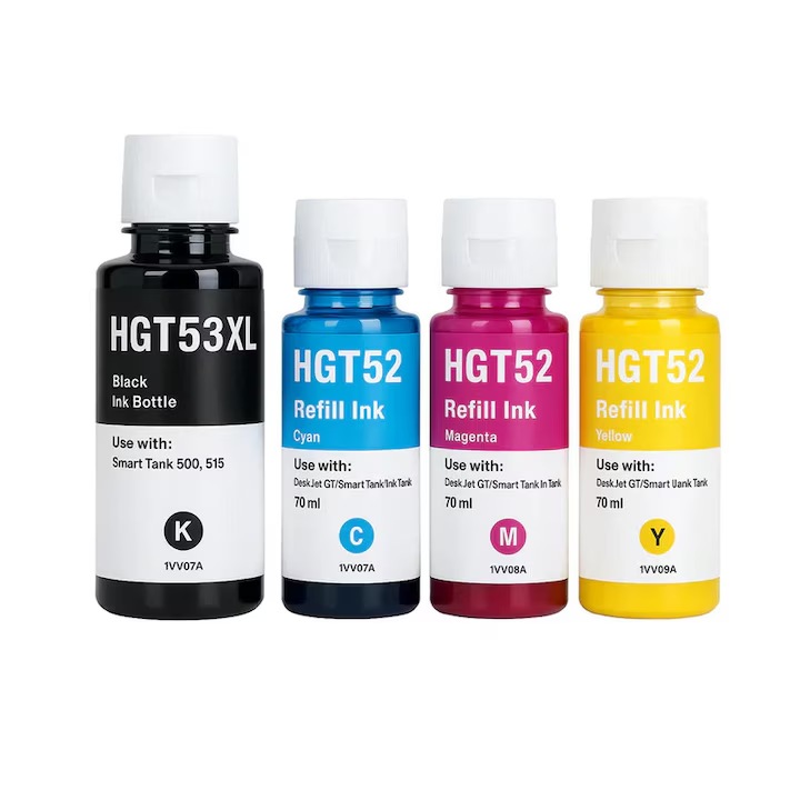 Set 4 flacoane cerneala compatibila cu HP GT53XL Black si GT52 Cyan, Magenta, Yellow, 345 ml, 6000 pagini, pentru Smart Tank 500, 510, 513, 515, 518, 519, 530, Smart Tank 610 Series, 615, 618, 315, 415, 419