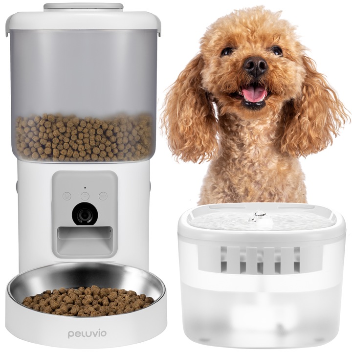Hranitor automat si fantana de apa Peluvio FEAST pentru caini si pisici, 2 in 1, hranire de urgenta, 2 absorbante de umiditate, bol igienic, control al portiilor, camera 180° cu difuzor si microfon, aplicatie, 4, 5 l, programare automata, WiFi, Alb