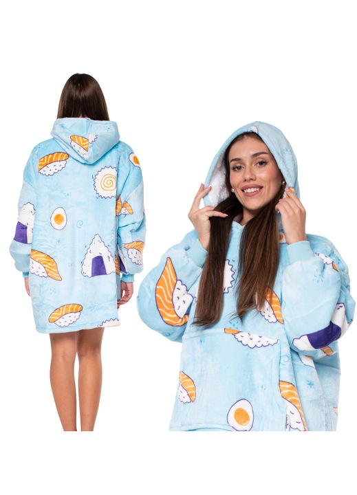 Суитшърт Одеяло 2в1 Овърсайз с Качулка Дебела Шерпа и Фланел Синьо на Суши Универсален Размер Джоб Кенгуру OEKO-TEX Сертификат