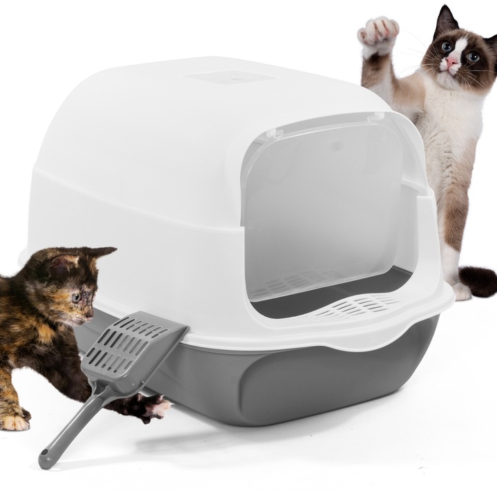 Закрита котешка тоалетна WERDANO PETS, сива и бяла, 50x35x35cm