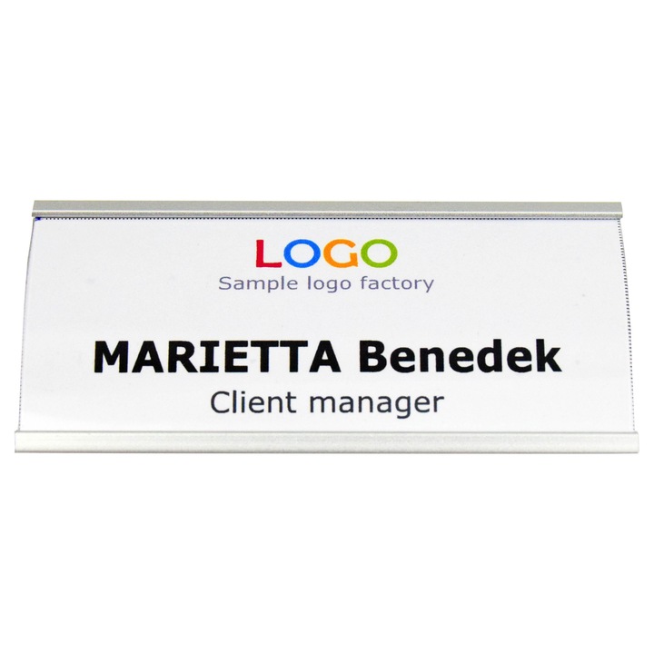 Névkitűző mágneses rögzítéssel, 70x34mm, ezüst, cserélhető névvel, alumínium