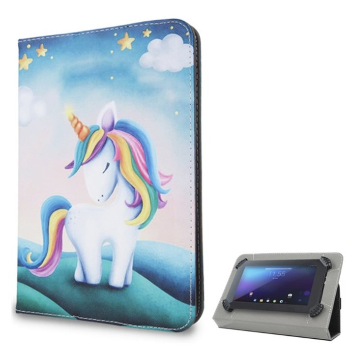 Gigapack tabletvédő álló, bőr hatású, flip, asztali tartó, univerzális, 9-10" méret, unikornis, színes