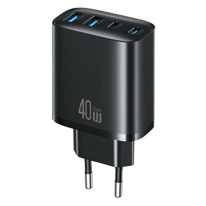 Usams t70 hálózati töltő 2 usb+ 2 type-c aljzat, 40w, gan, pd gyorstöltő, fekete