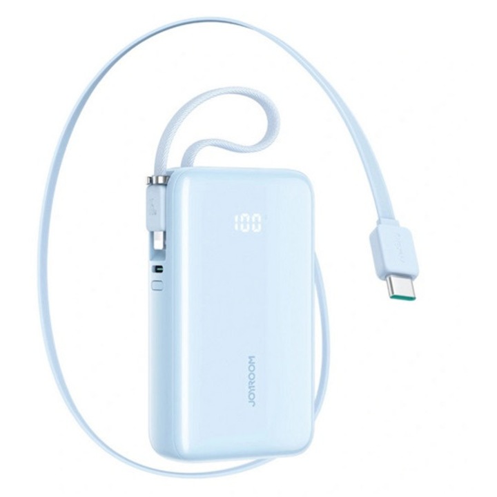 Joyroom vésztöltő type-c aljzat, 10000mah, 35w, pd gyorstöltő 3.0, led kijelző + fix type-c/lightning kábel, világoskék