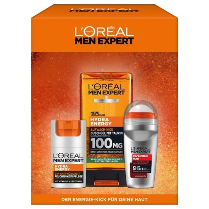 L'Oréal Paris Hydra Energy Box bőrápoló készlet, hidratáló krémmel, tusfürdővel és golyós izzadásgátlóval