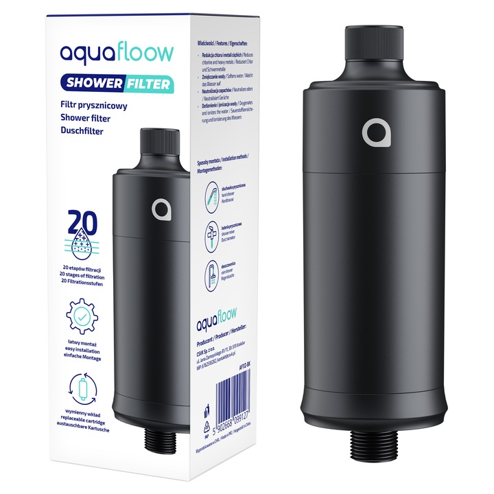 Filtru de apa pentru para de dus Aquafloow, 20 stagii de filtrare, reducerea clorului si calcarului, pentru baterii si capuri de dus, 10000 L, Matt Black