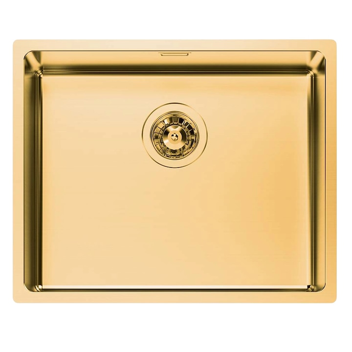 Chiuveta de bucatarie premium Foster, KE R15, 54 x 44 cm, 1 cuva, montare la nivelul blatului/pe blat, fara orificii standard pentru baterie, otel inoxidabil, finisaj PVD, anti-zgarieturi, sifon si preaplin incluse, made in Italy, auriu