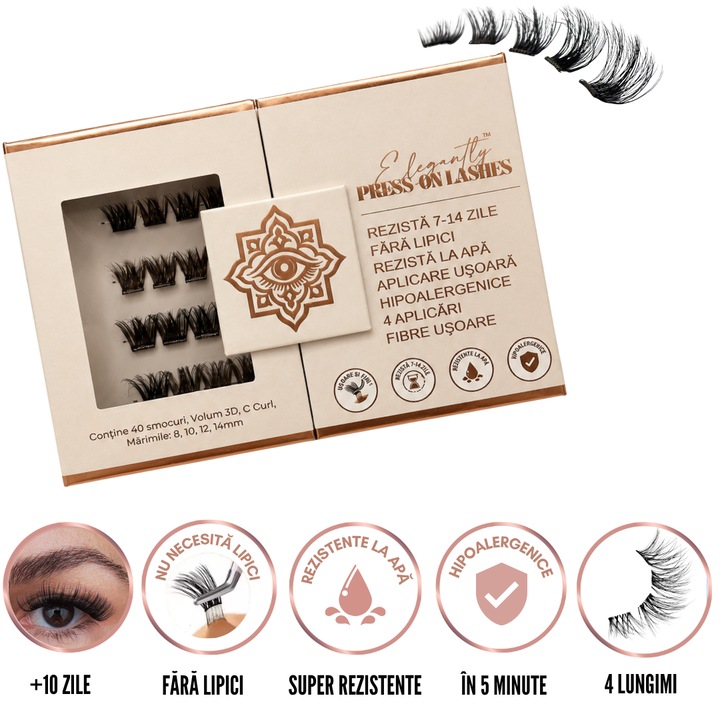 Set extensii gene auto adezive, 40 bucati, press on, aspect natural, 8-14mm, negru