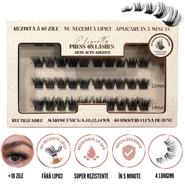 Set extensii gene auto adezive, 40 bucati, press on, aspect natural, 8-14mm, negru