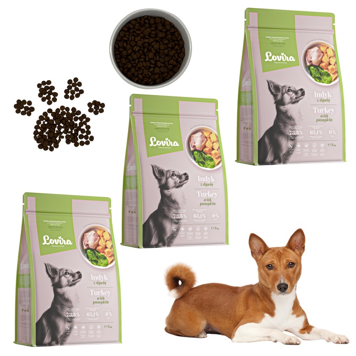 Set 3x Hrana uscata pentru caini LOVIRA Curcan 3 kg, hipoalergenica, bogata in proteine