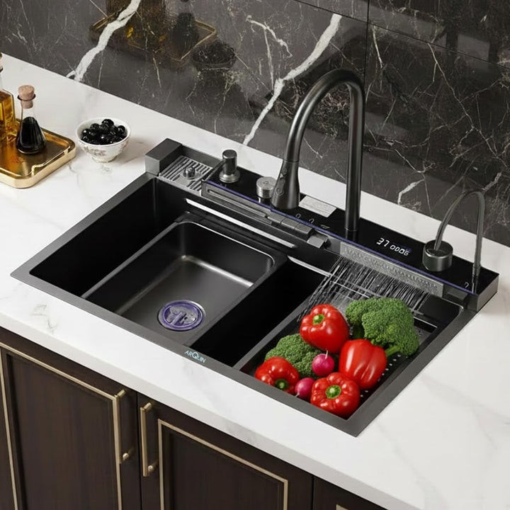 Chiuveta Inteligenta, LED Ambiental, display digital, cap extensibil cu 3 jeturi, Accesorii, Gri Antracit, Sanlux