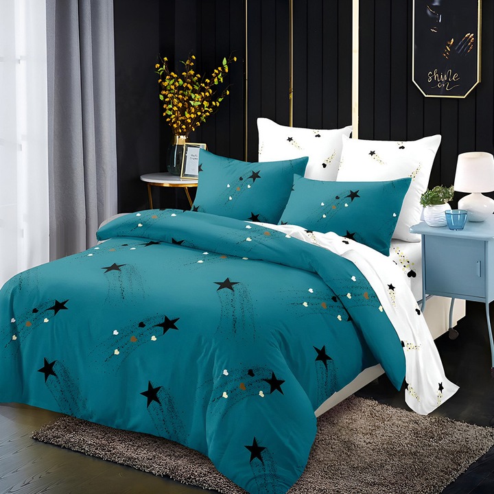 Спално бельо EmonaMall S18911, 6 части, Ластик, Двулицево, Тюркоазеносин/Бял