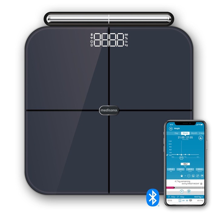 Телесна везна Medisana, модел BS 850, 8 сензора, Bluetooth свързаност, размери 150x30x3см