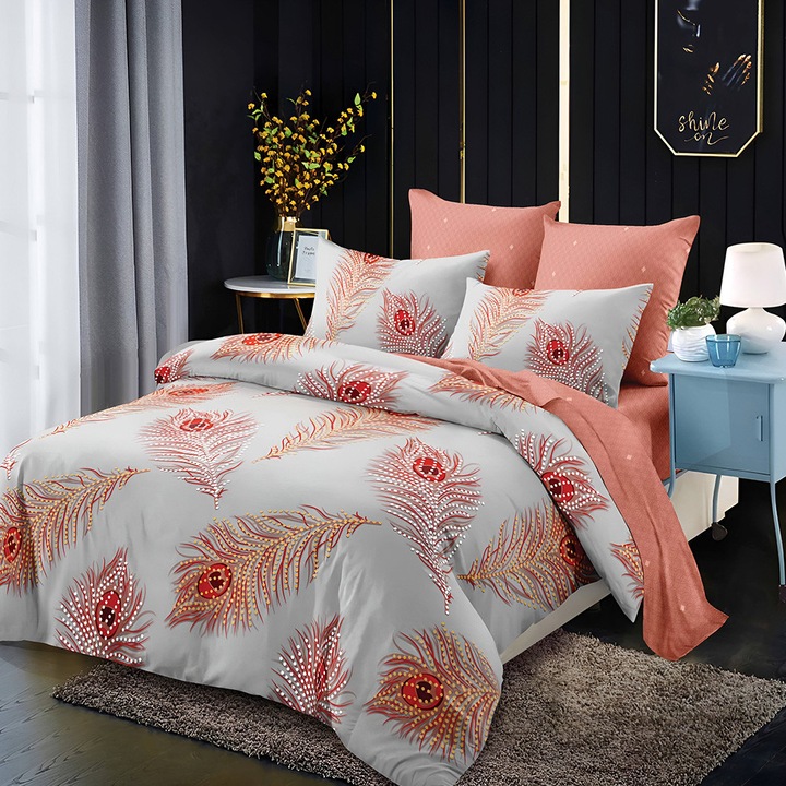 Спално бельо EmonaMall S18934, Ластик, Двулицево, 4 калъфки, 6 части, Сив/Керемида