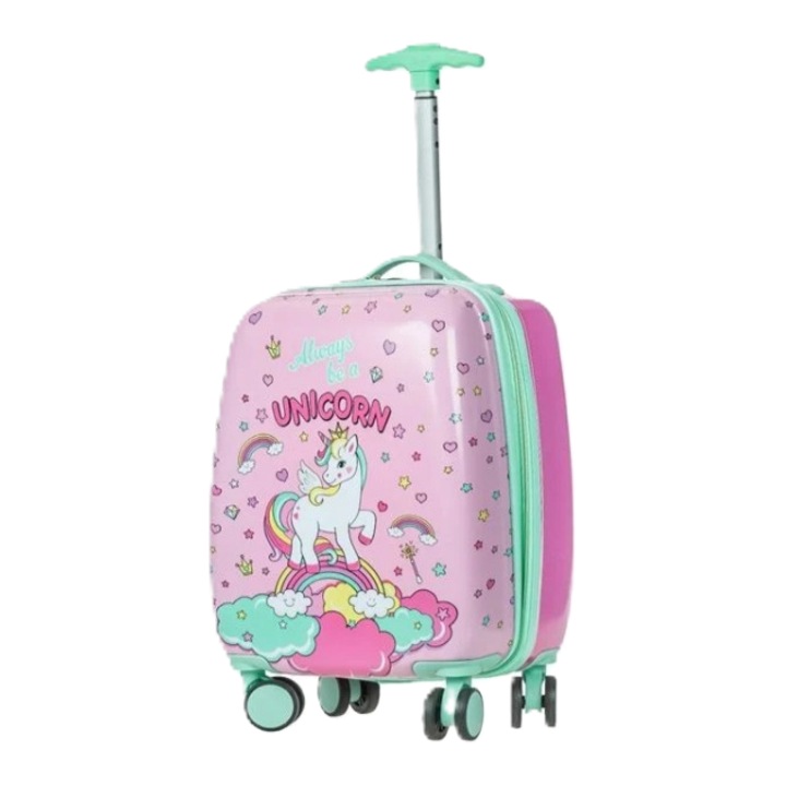Valiza /Troler pentru Copii, model unicorn, roz, copolimer ABS, 22L, 30x21x50cm