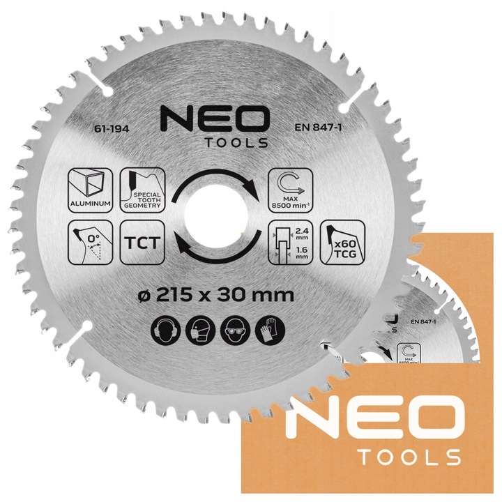 Disc de fierastrau NEO Tools, 215x30mm, 60 dinti TCG, pentru aluminiu, set cu 3 inele de reductie
