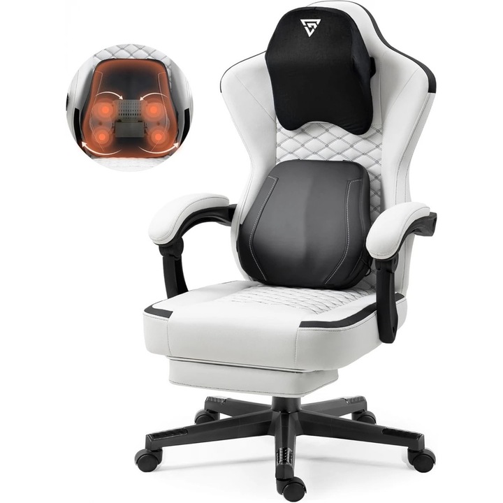 Scaun Gaming TOPSCAUNE®, Masaj Lombar Cu Incalzire, Spatar Ergonomic Rabatabil 155°, Sezut Hybrid Cushion Cu Arcuri Individuale, Suport Picioare Extensibil, Cotiere Burete Confort, Reglaj Inaltime 44-53 Cm, Piele PU Premium, Alb