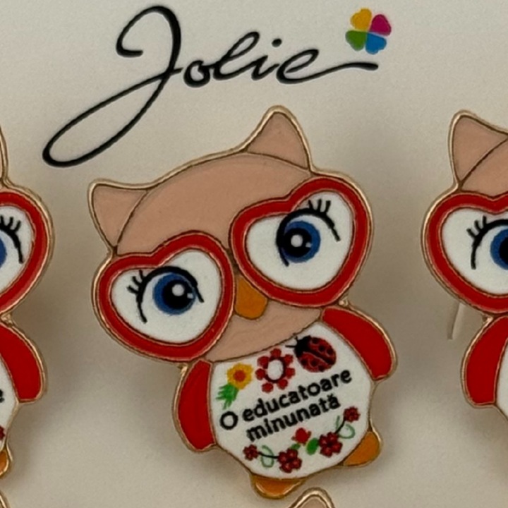 Set 12 Brose Martisor Primavara, Jolie, Model Bufnita, cu Mesaj O Educatoare Minunata