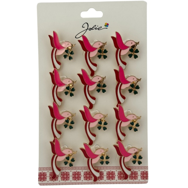 Set 12 Brose Martisor Primavara, Jolie, Model Pasare cu Trifoi in Cioc, Roz