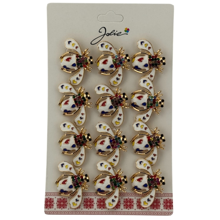 Set 12 Brose Martisor Primavara, Jolie, Model Albina Alba cu Inimi Colorate, Multicolor