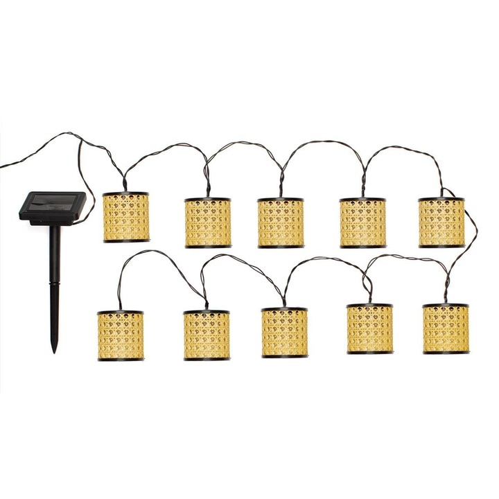Ghirlanda Solara cu Felinare din Plastic Model Rattan, Lumina Alb Cald, 3, 8 m, 10 LED-uri