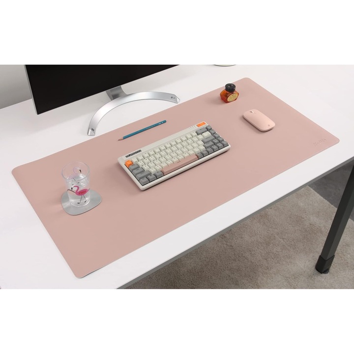 Mouse pad 43x90 cm din piele artificiala, impermeabil, moale, colorat pe ambele parti roz si gri silver
