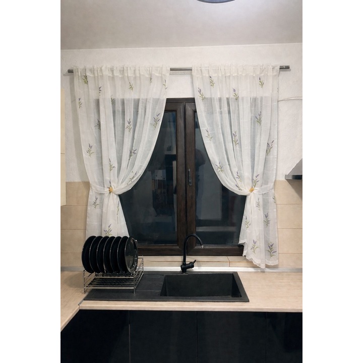 Комплект две кухненски завеси от лен, бели с бродерия лавандула, изработени на перделък, 2x150x270 см