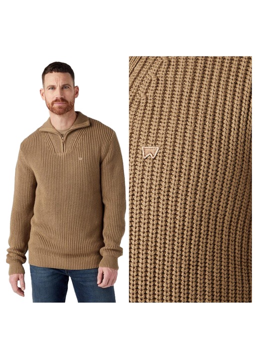 Мъжки пуловер, Wrangler, Half Zip Knit, Regular Fit, Дълги ръкави, Висока яка, Изчистен дизайн, Памук, Бежов, Бежов