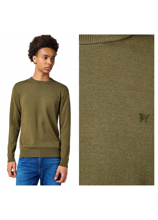 Pulover Barbati, Wrangler, Knit Sweater, Regular Fit, Decdwqfu Rotund, Maneci Lungi, Bumbac, Verde, Verde