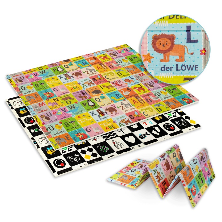 Covoras educativ Humbi Thick 2-in-1 din spuma XPE, 120x180, versiunea cu alfabetul german