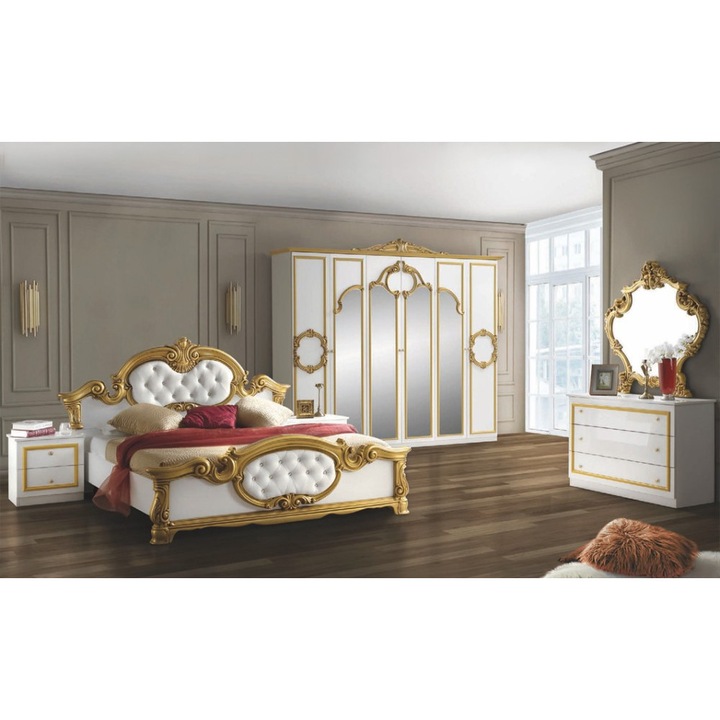 Dormitor Clasic Barocco Bianco Gold cu Saltea, Somiera si Dulap 6 Usi Incluse