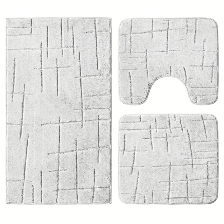 Set covoare baie antiderapante, 3 piese, design minimalist crestat