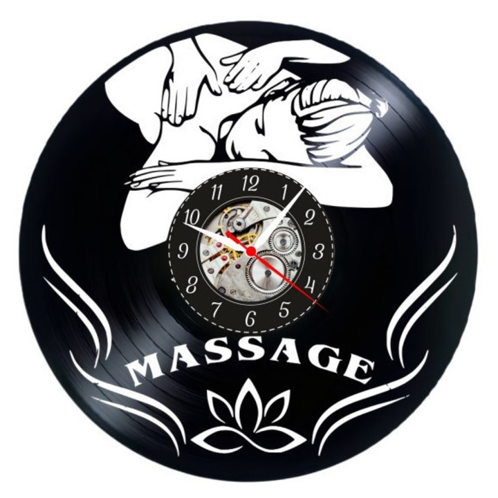 Декоративен стенен часовник "Дзен уелнес - Масажна терапия", изработен от винилова плоча, дизайн Spa & Relaxation, черен, 30 см