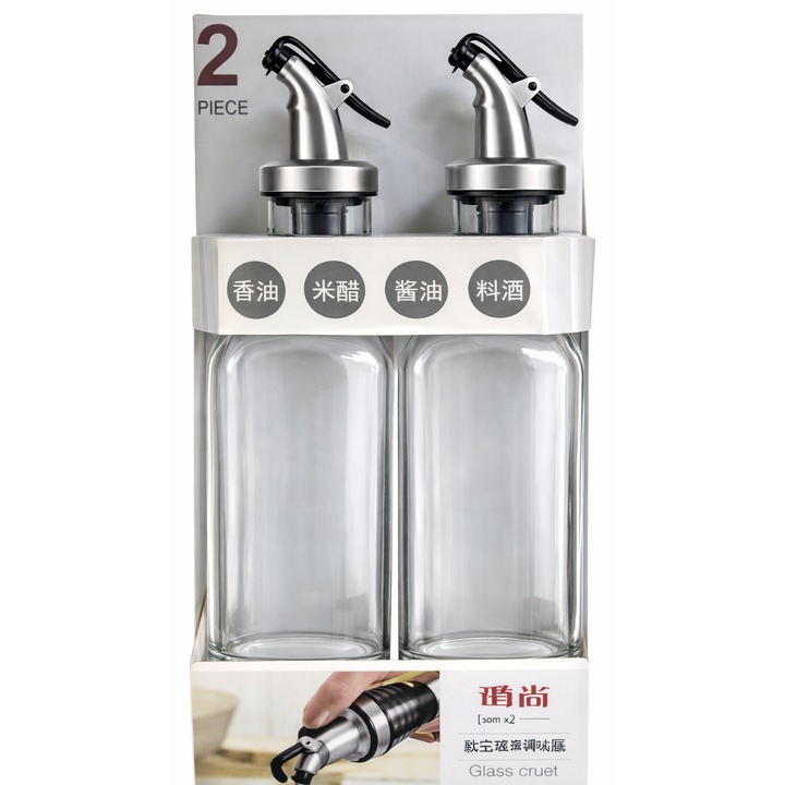 Set 2 oliviere ABS, sticla transparenta, 500 ml fiecare, dozator metalic anti-picurare