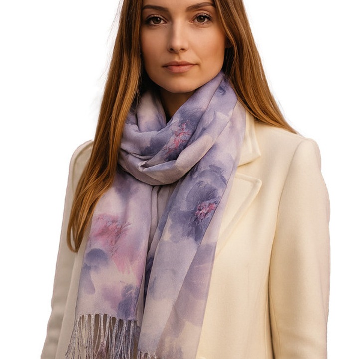 Sal dama multicolor mov cu imprimeu floral, 180x70 cm, 100% poliester, elegant si versatil unisize