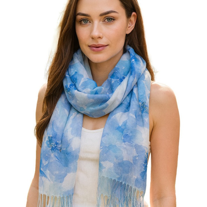 Sal dama multicolor albastru cu imprimeu floral, 180x70 cm, 100% poliester, elegant si versatil-Agrafka unisize