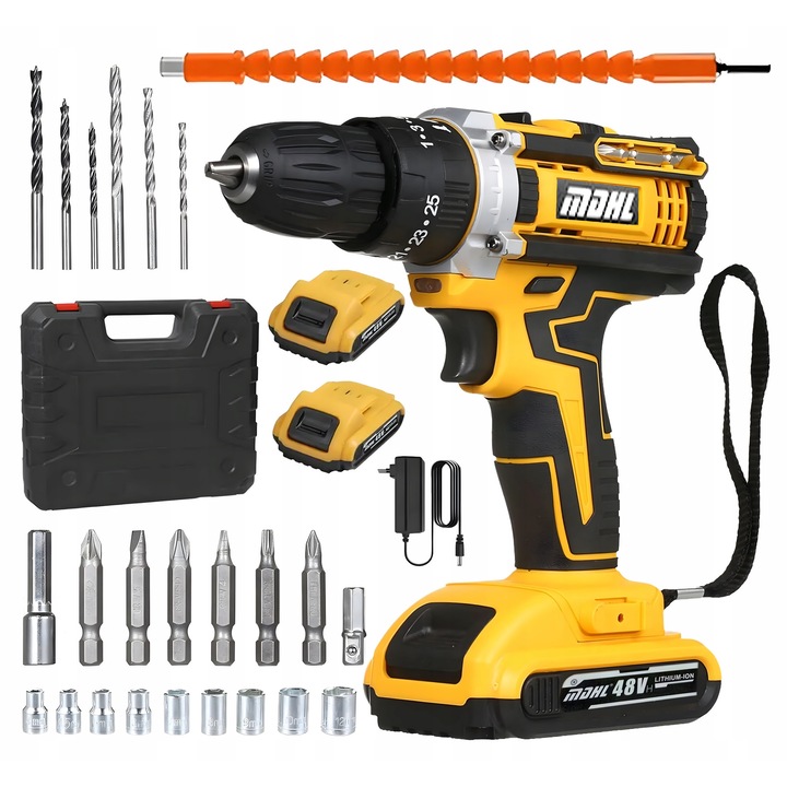 Wiertarko-wkretarka akumulatorowa 21V, 2x acumulatori, LED, set cu valiza