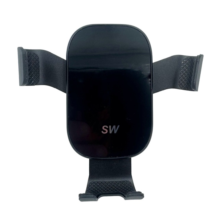 Suport telefon auto, prindere pe grila, gravitational, aluminiu, rotire 360°, universal, negru-metalic