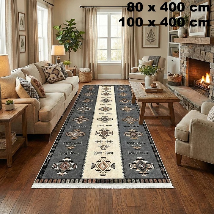 Csúszásgátló futószőnyeg, 80x400 cm, etnikai mintás, szürke-bézs