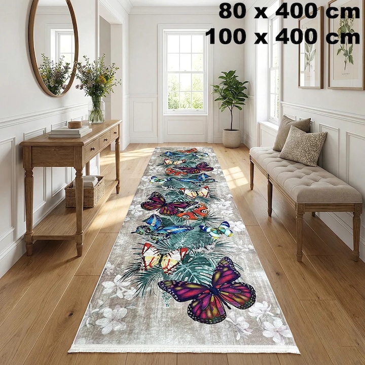 Traversa hol antiderapanta, 100x400 cm, model floral cu fluturi, multicolor