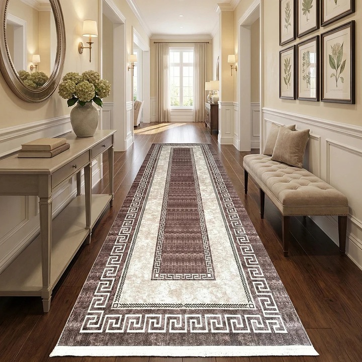 Traversa hol antiderapanta, 80x400 cm, model clasic geometric, bej-maro